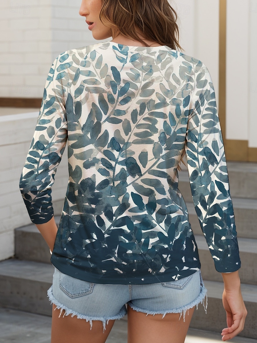 Damen T-Shirt Ombre Grafisches Blatt Elegant Freizeit Langarm V-Ausschnitt Reguläre Tops Täglicher Print Blau Frühling Herbst 2025 - $22.99 –P2