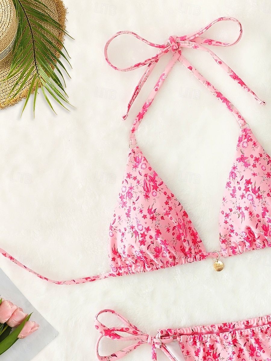 Dam Badkläder Bikini 2 st G-string Baddräkt Öppen rygg Smal Semester Standkläder Blommig V-hals Ärmlös Baddräkter 2025 - $22.99 –P5