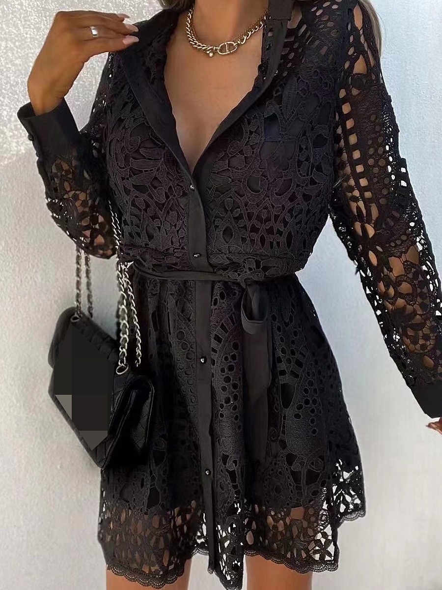 Women's Mini Dress Lace Dress A Line Dress Boho Dress Basic Casual Vacation Daily Regular Fit Plain Long Sleeve Square Neck Black White Khaki Summer 2025 - $47.99 –P5