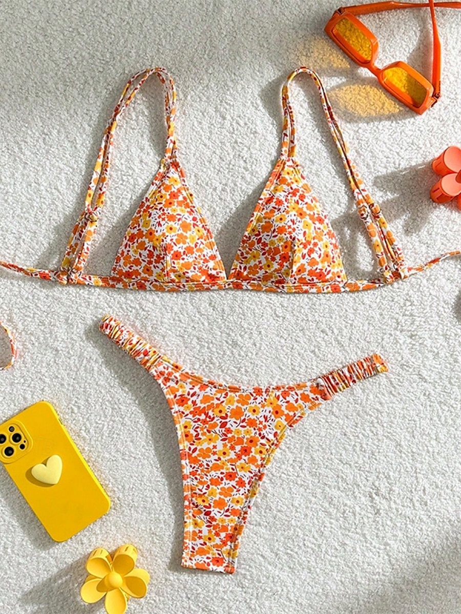 Dames Zwemkleding Bikini 2 stuks String Zwempak Blote rug Slank Vakantie Strand Kleding Bloemig V-hals Mouwloos Badpakken 2025 - $22.99 –P7