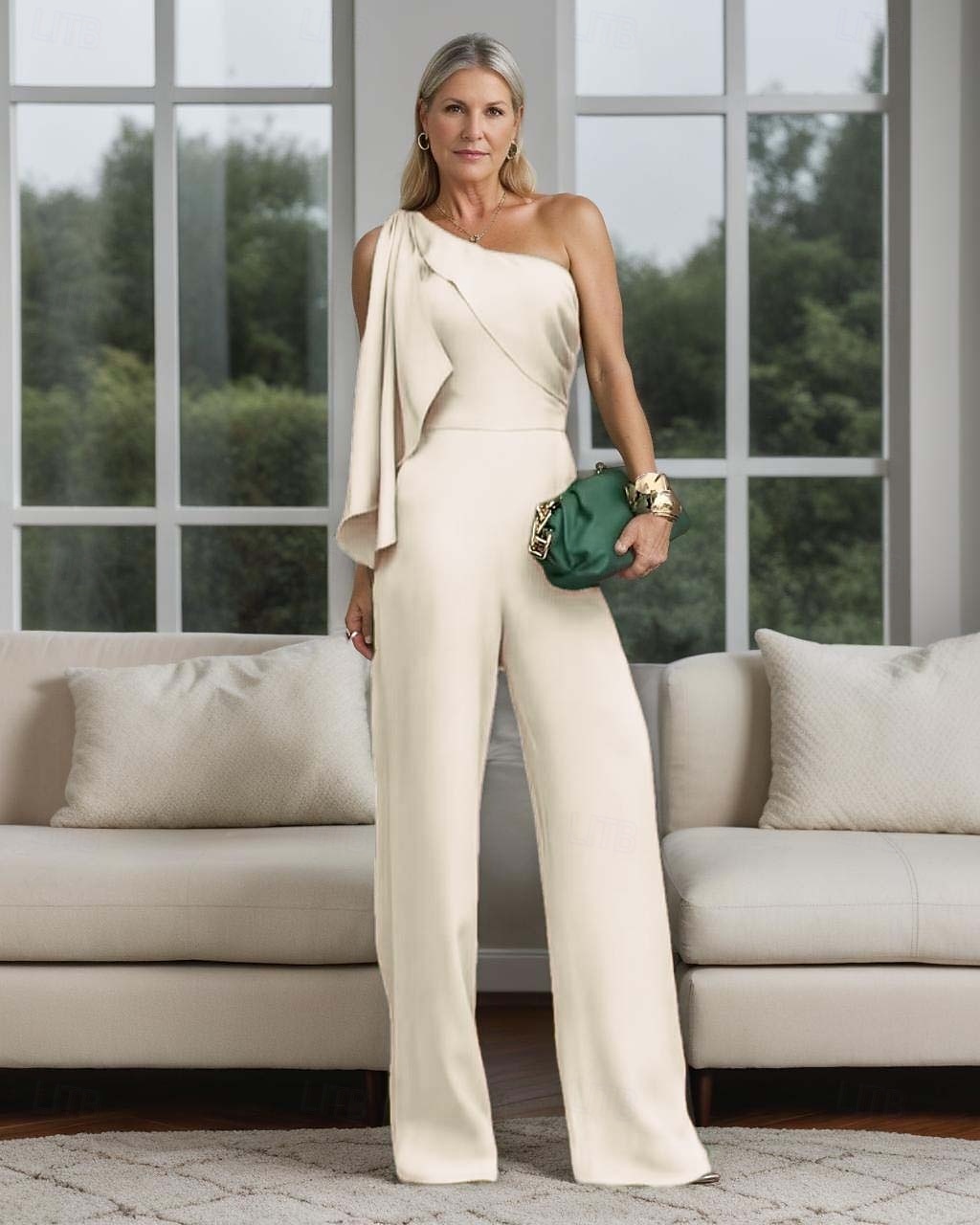 Combinaison  Pantalon de maman de la mariée Invitée de mariage élégante simple minimaliste épaule unique longueur de sol polyester sans manches avec nœud(s) volants couleur unie de 2025 ? $159.99 –P7