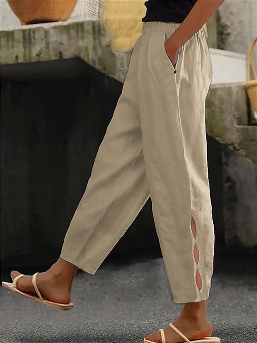Women's Cotton Linen Pants Chinos Fashion Streetwear Ankle-Length High Waist Plain Pocket Elastic Waistband Comfy Soft Comfortable Micro-elastic Outdoor Street dark brown Deep Green Wine Robin's Egg 2025 - $21.99 –P6