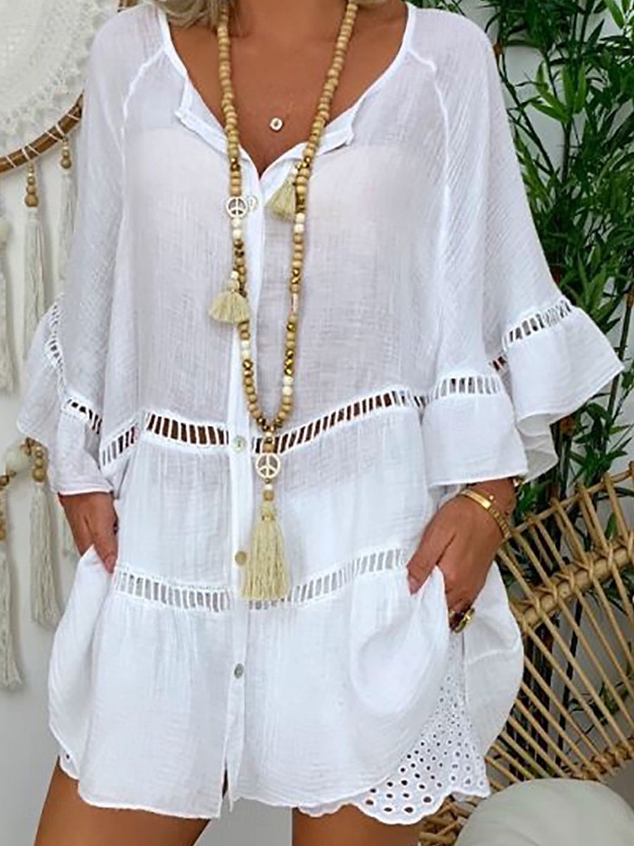 Pentru femei Rochie Mini Rochii de in bumbac Rochie casual Elegant Epocă Stilat Mânecă evazată Vacanță Casual Zilnic Potrivire Largă Simplu Lungime Manșon 3/4 În V Alb Galben Roșu-aprins Maro Var 2025 - $26.99 –P6