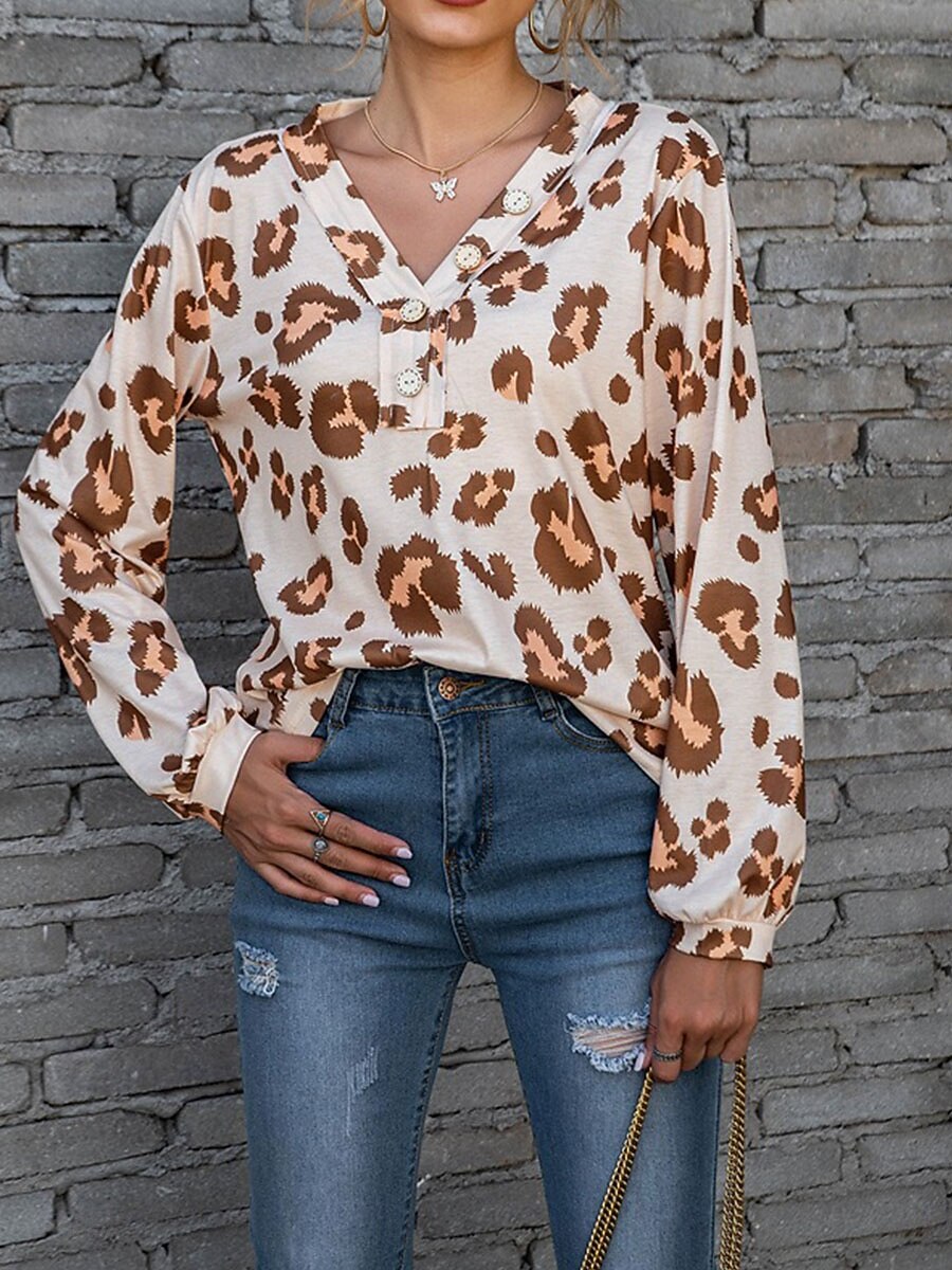 Dame T skjorte Leopard Mote Moderne Fritid Langermet V-hals Vanlige topper Daglig Helg Hvit Rosa Blå Brun Vår Høst 2025 - $21.99 –P4