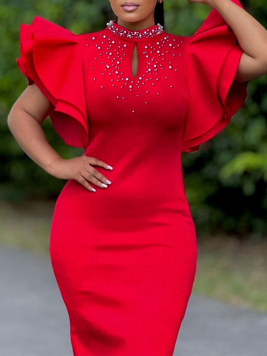 Dames Halflange jurk Gala jurk Feestjurk Satijnen Jurk Bruiloft gast jurk Elegant Formeel Feest Bruiloft gast Verloving Normale pasvorm Effen Korte mouw Coltrui Zwart Wit Blozend Roze Rood Zomer 2025 - $55.99 –P7