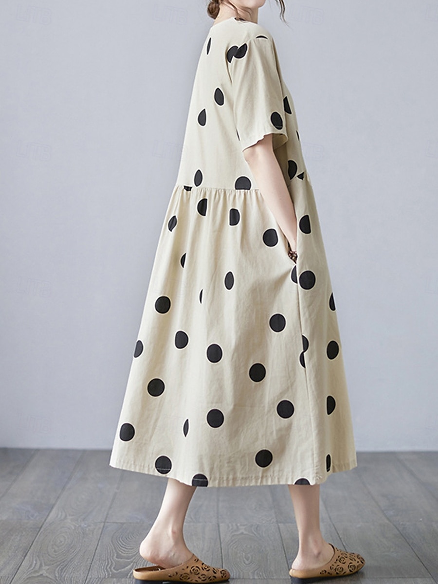 Women's Maxi Dress Cotton Linen Dresses Casual Dress Basic Casual Vacation Daily Regular Fit Polka Dot Long Sleeve V Neck Apricot Summer 2025 - $26.99 –P2