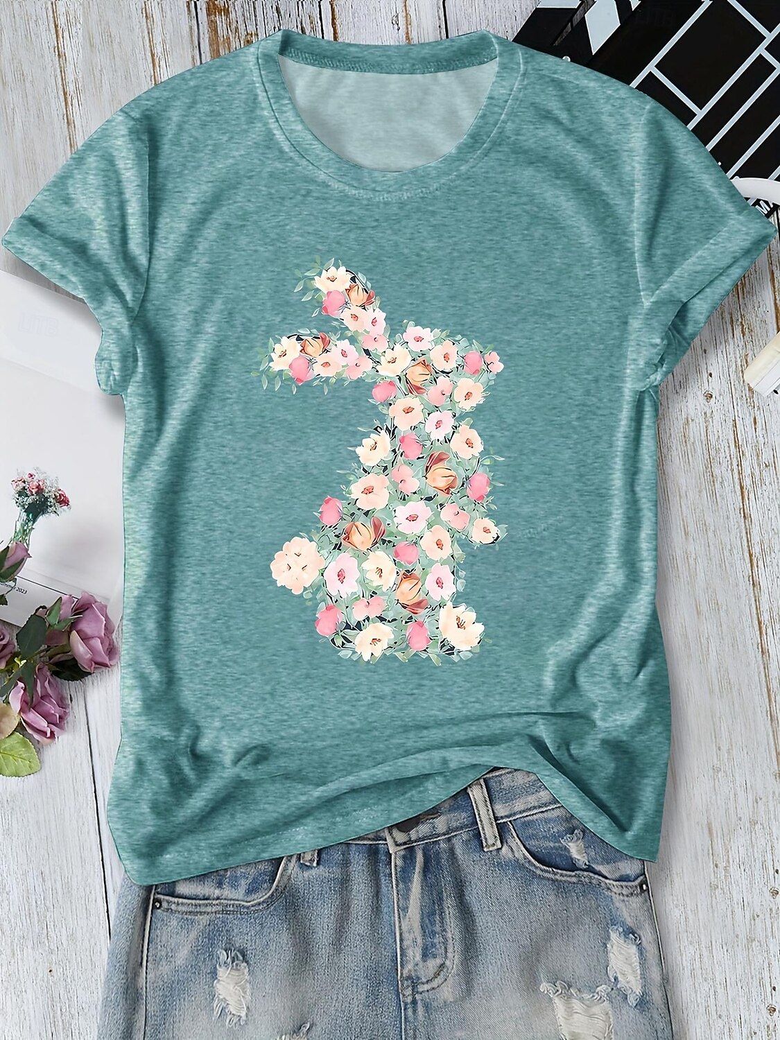Semana Santa Mujer Camiseta Floral Animal Elegante Casual Manga Corta Escote en Pico Tops regulares Diario Estampado Rosa Azul Marino Azul Piscina Verde Oscuro Verano Primavera 2025 - $19.99 –P4
