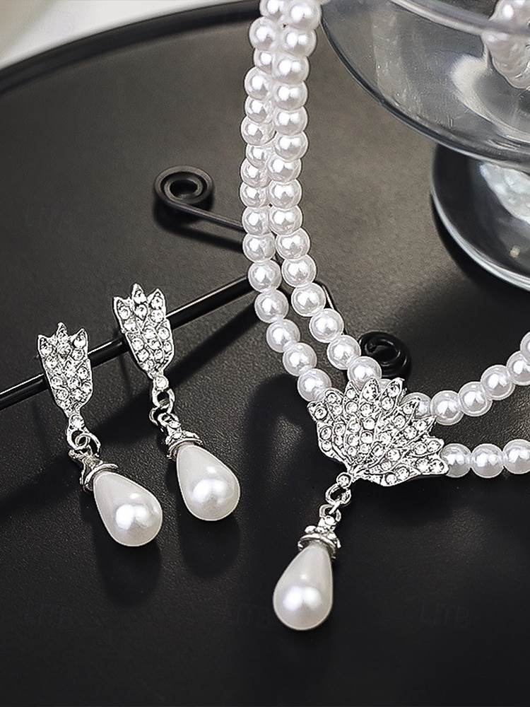 Elegante conjunto de joyas nupciales de perlas: collar de doble capa y aretes colgantes con detalles de diamantes de imitación, accesorios de boda vintage para mujeres, joyas formales para fiestas y veladas 2025 - $11.99 –P6