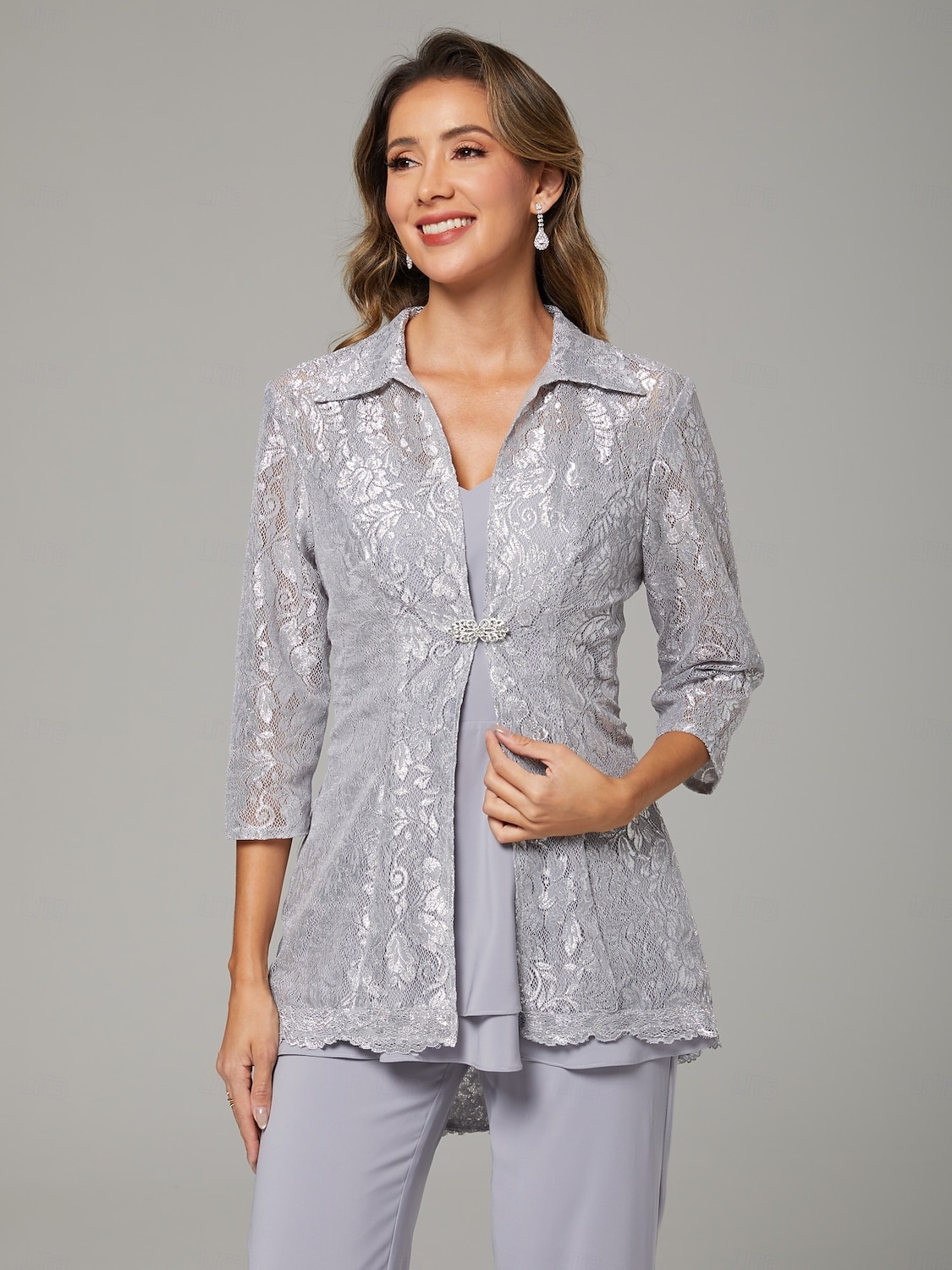 Häftdräkt  Kostym 3-delad Mor till Bruden Elegant Plus Size V-hals Ankel längd Chiffon Spets 3/4-lång ärm Wrap Inkluderad med Paljetter Crystal Brosch 2025 - $166.99 –P6