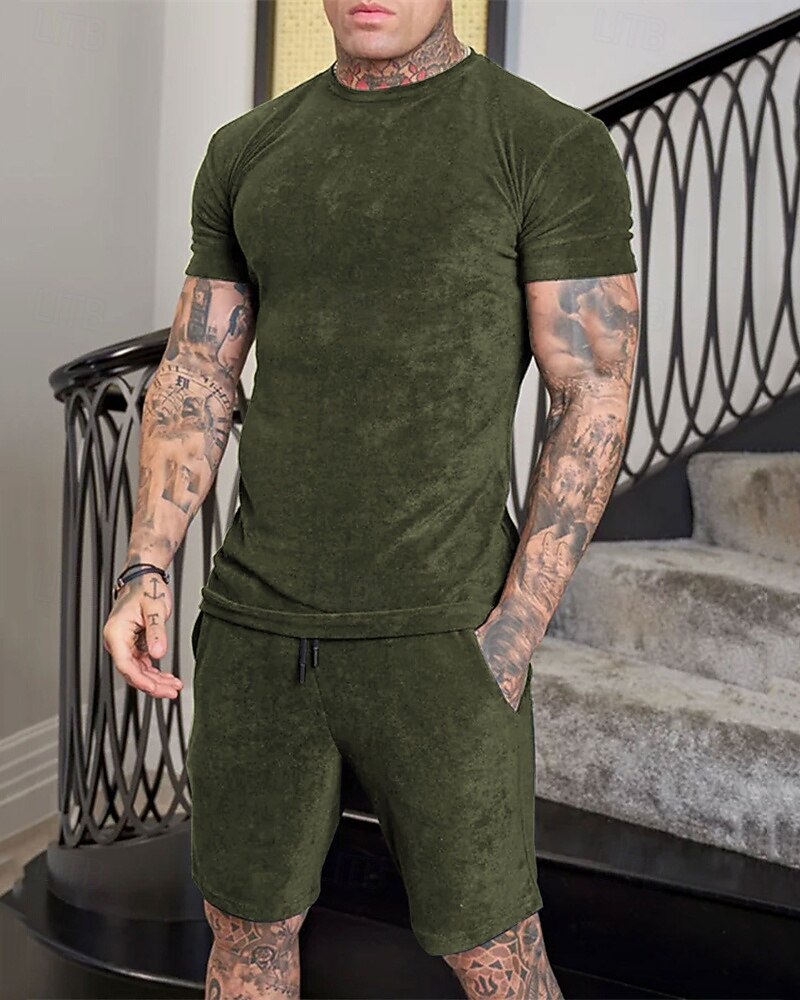 Homens Conjunto de treino Moletom Camiseta e shorts Conjunto Conjunto de roupas Gola Redonda Ao ar livre Diário Esportes Bolsos Com Cordão 2 Peças Côr Sólida Vermelho Vinho Azul Royal Verde Poliéster de 2025 por $41.99 –P12