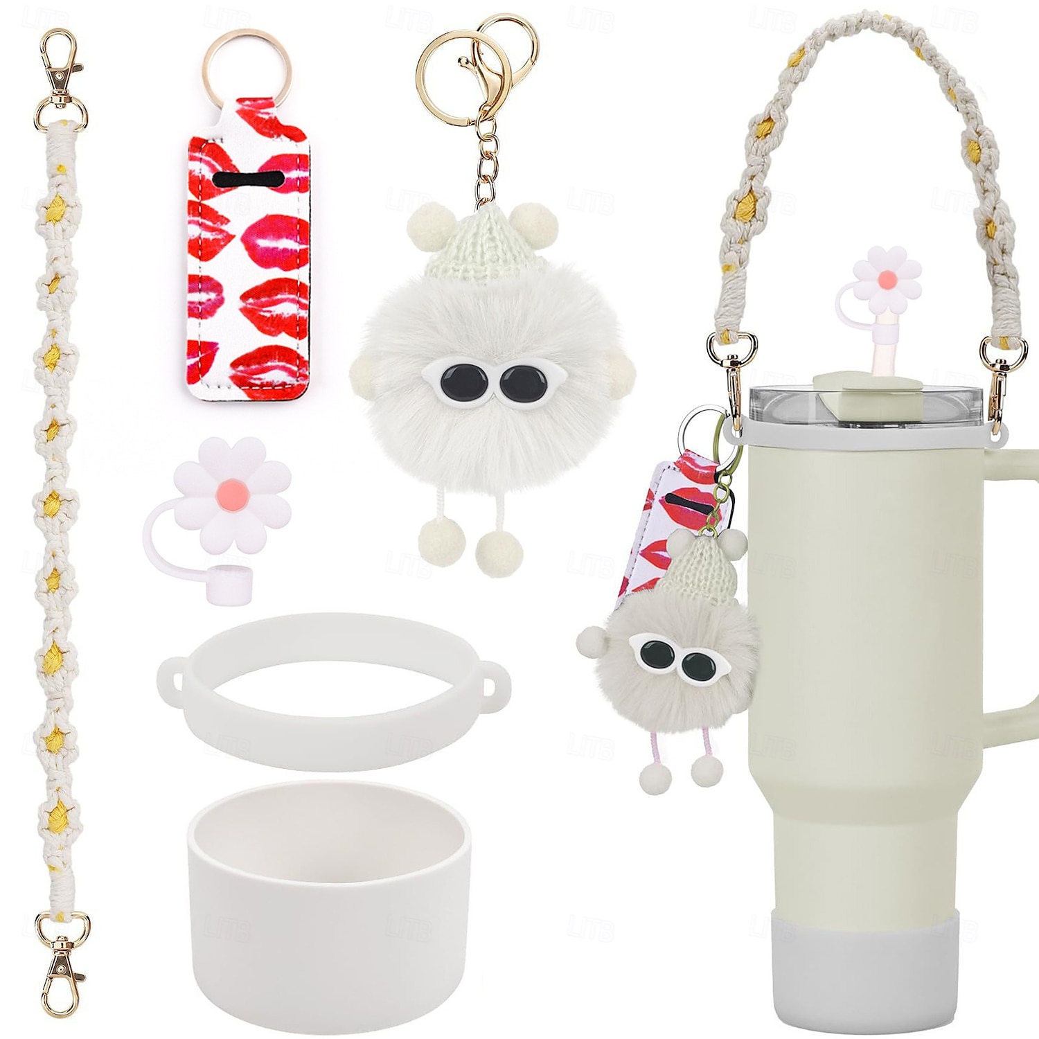 Stanley-Becher, handgewebter Griff, Blumen-Strohhut, Lippenstift-Set, Coal Ball Pixie Glitter-Silikonbecher-Set 2025 - $20.99 –P7