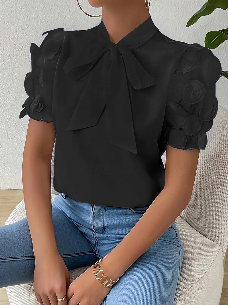 Blouse Women's Black White Red Solid / Plain Color Lace Bow Daily Elegant Standing Collar Regular Fit S 2025 - $17.49 –P8