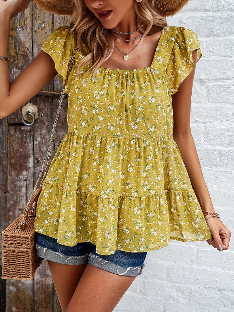 Femme Chemise Chemisier Floral mode Décontractées Manche Courte Col Carré Hauts réguliers du quotidien A Volants Imprimer Noir Jaune Rouge Beige Eté de 2025 ? $32.99 –P5