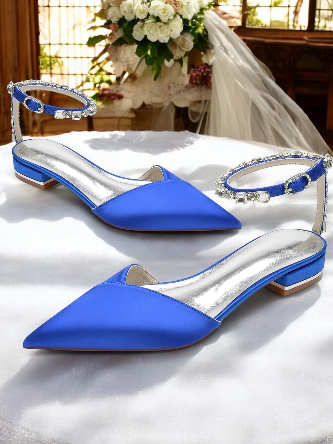 chaussures de mariage chic en satin noir avec bride à la cheville en cristal – bout pointu, talon bas, parfaites pour les mariages et les occasions élégantes de 2025 ? $64.99 –P2