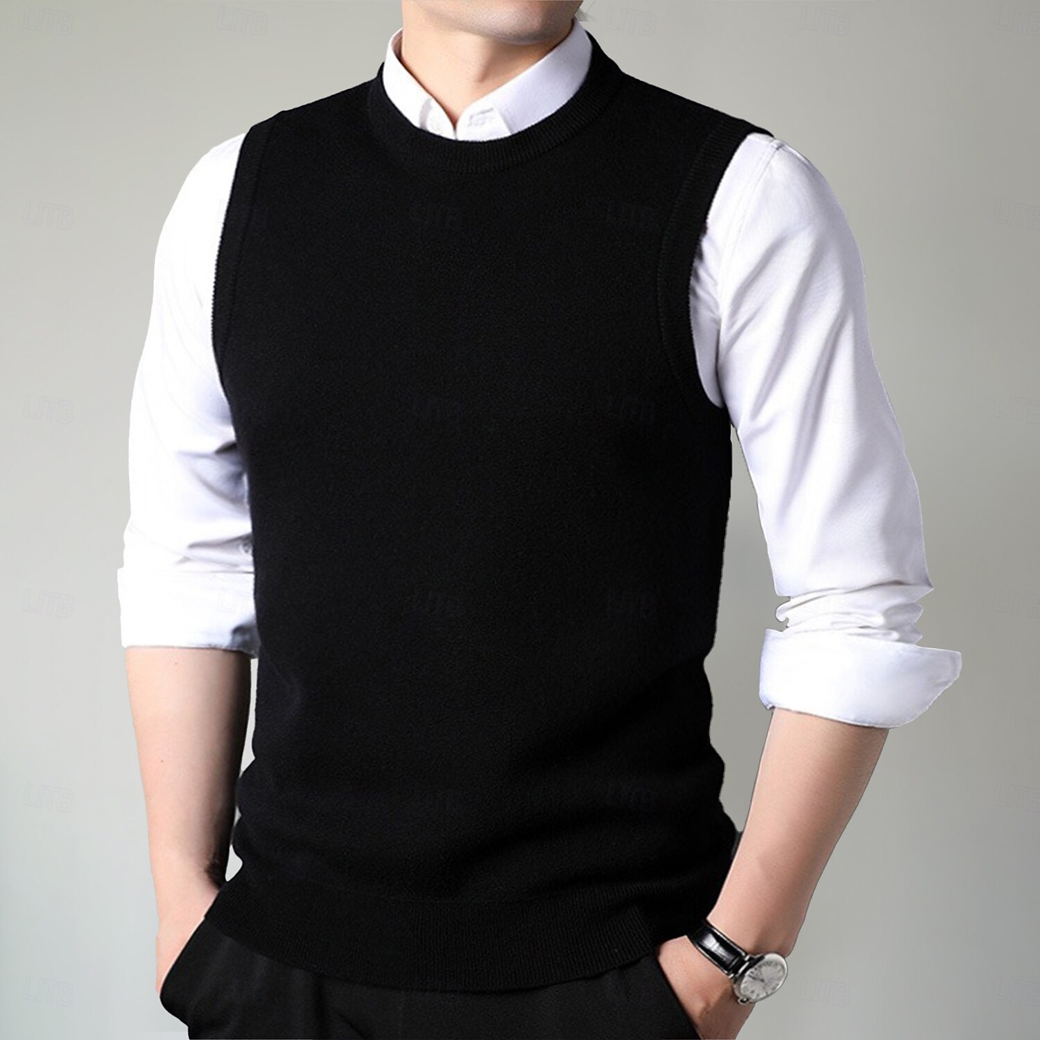 Herren Pullunder Stricken Rundhalsausschnitt Einfarbig Rundhalsausschnitt Strickware Elegant Schule Formell Bekleidung Frühling Herbst Schwarz Marineblau S M L 2025 - $57.99 –P2