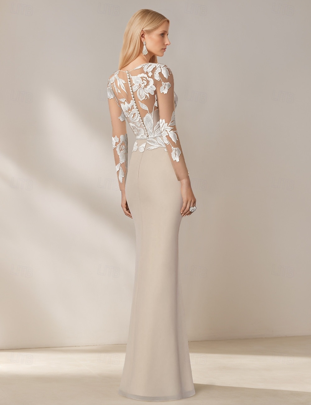 Mermaid / Trumpet Mother of the Bride Dress Elegant Simple Boat Neck Floral Embroidered Lace Floor Length Chiffon Long Sleeve with Crystal Belt 2025 2025 - $148.99 –P2