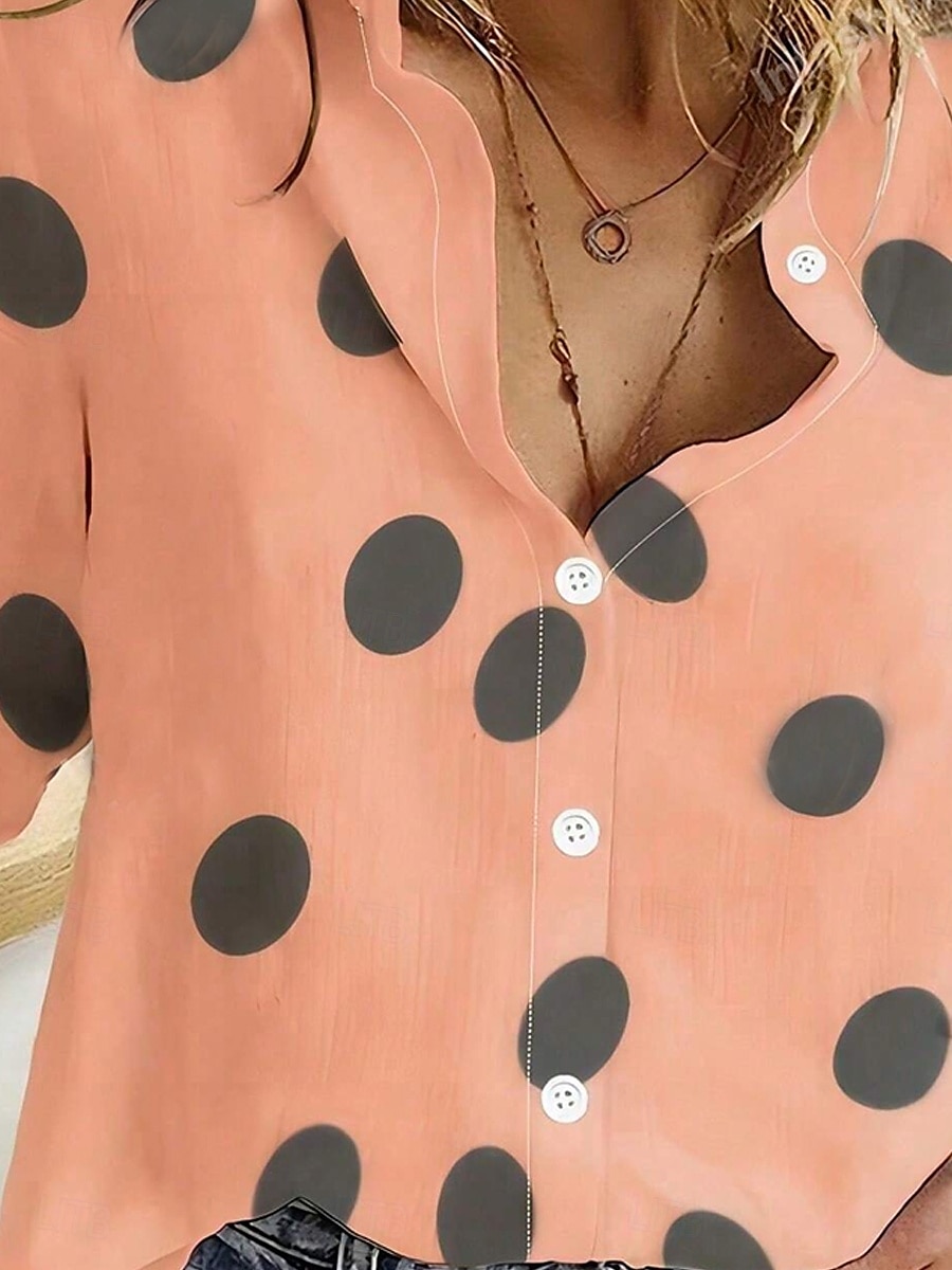 Damen Hemd Tupfen Lässig Langarm Hemdkragen Normale Oberteile Täglich Knöpfe Druck Orange Frühling Herbst 2025 - $32.99 –P3