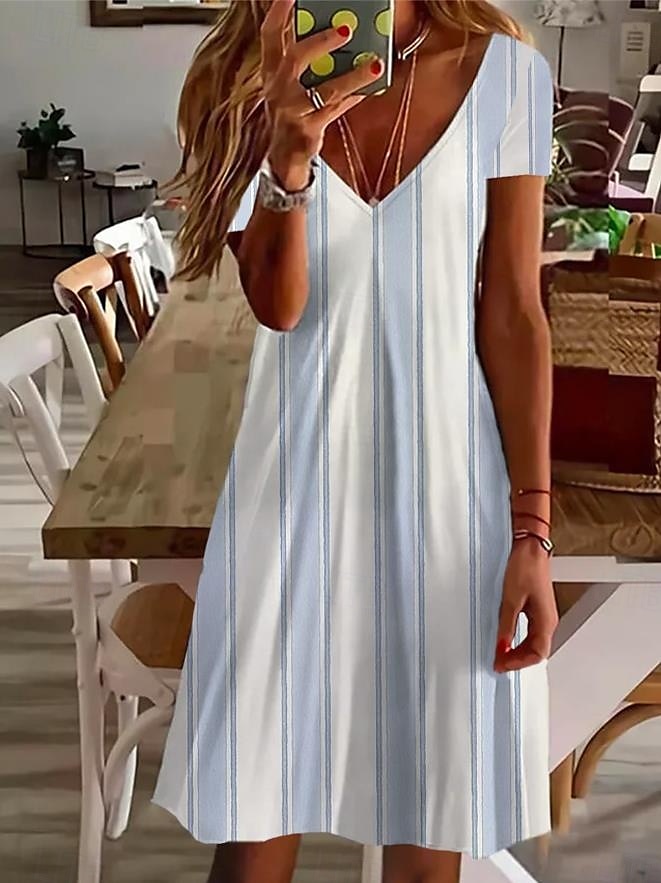 Dame Mini kjole Uformell kjole Elegant Årgang søt stil Daglig Normal Stripe Kortermet Crew-hals vannblå Sommer 2025 - $23.99 –P1