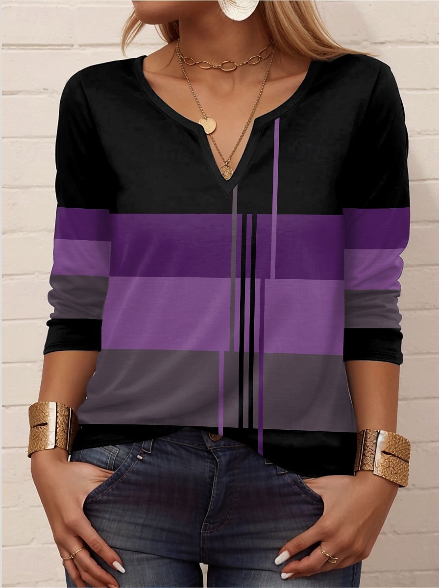 Femme T shirt Géométrique Rayé Décontractées manche longue Col cranté Hauts réguliers du quotidien Imprimer Noir Bleu Violet Vert Eté Printemps Automne de 2025 ? $27.99 –P4