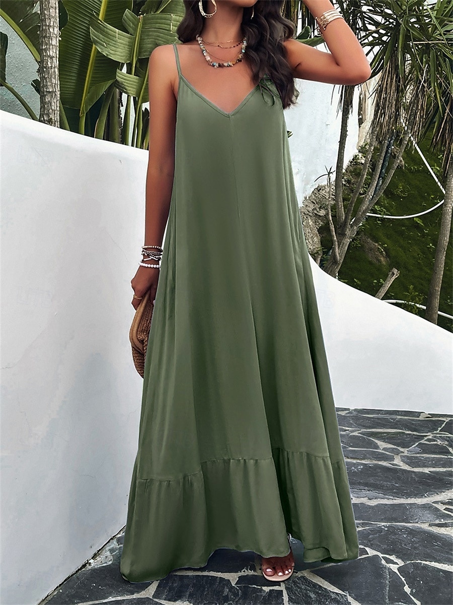 Damen Maxi Kleid Strandkleid Slip Kleid Urlaub Strandurlaub Unifarben Lässig Täglich Lockere Passform Grafik Ärmellos Träger Schwarz Rot Himmelblau Grün Sommer 2025 - $41.99 –P13