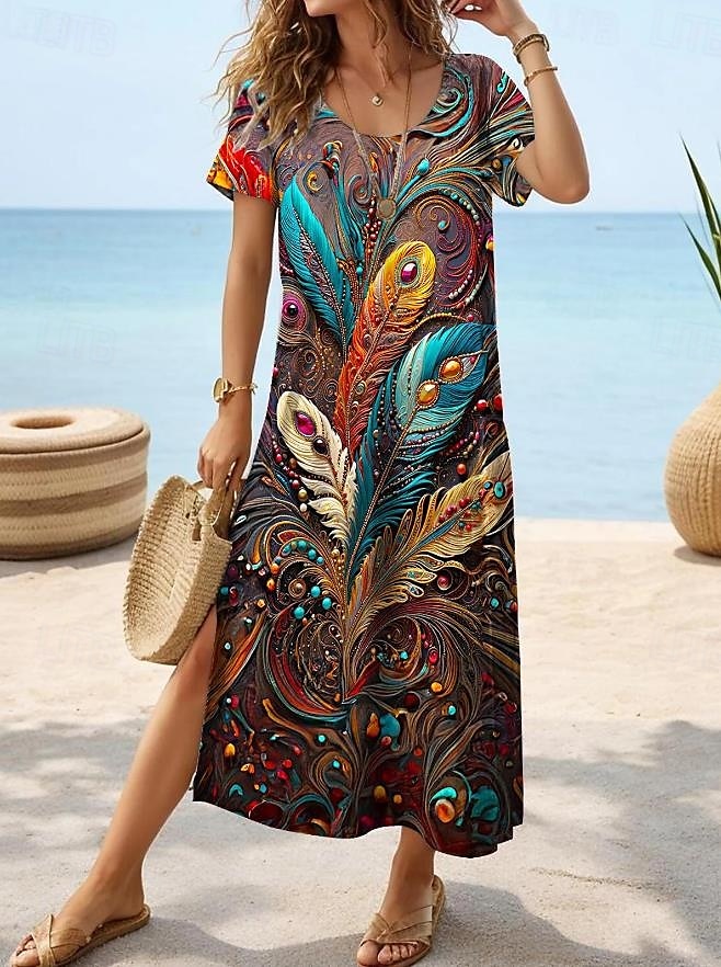 Női Maxiruha hétköznapi ruha Boho elegáns ruhák Csehország aranyos stílus Stílusos Vakáció Napi Tengerpart Normál Grafika Rövid ujjú Terített nyak Gesztenyebarna Nyár Tavasz 2025 - $27.99 –P1