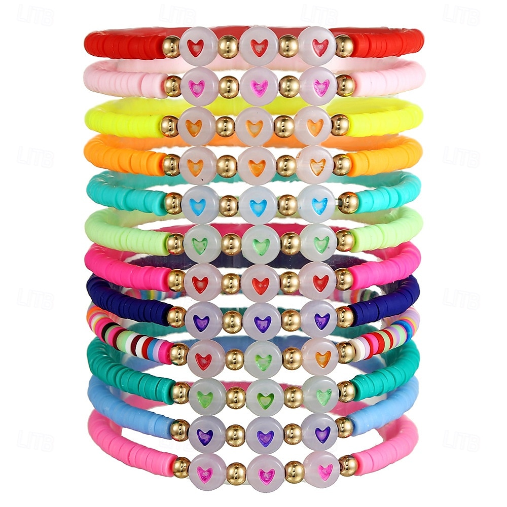 12st glöd-i-mörkret hjärtformade pärlor mjuk lera ccb elastiskt armbandsset, blandad färg, mode 2025 - $12.99 –P3
