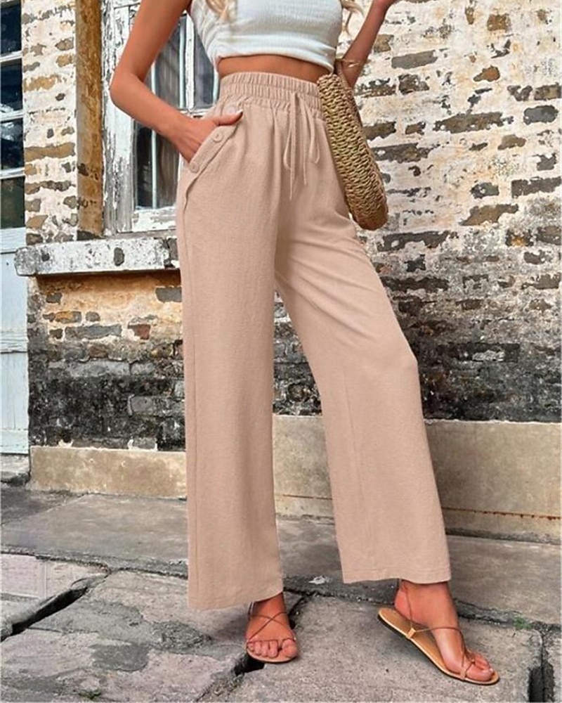 Жен. Шорты из хлопка и льна Брюки, вдохновленные льном Брюки из хлопка и льна Мода Уличный стиль Удобная обувь Полная длина Завышенная Полотняное плетение Кулиска Эластичная талия Прямая нога 2025 - $19.99 –P3