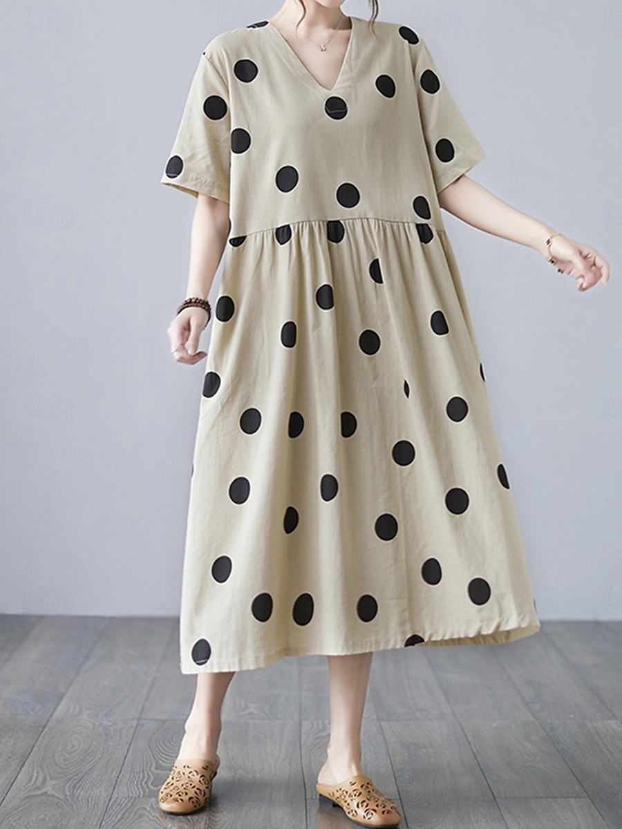 Women's Maxi Dress Cotton Linen Dresses Casual Dress Basic Casual Vacation Daily Regular Fit Polka Dot Long Sleeve V Neck Apricot Summer 2025 - $26.99 –P3