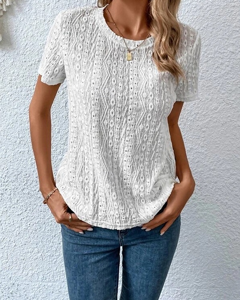 Жен. Блуза Ушко сверху Кружевные топы Полотняное плетение Повседневные Стиль Классический С короткими рукавами Вырез под горло Обычные топы Офис Повседневные Праздники С отверстиями 2025 - $21.99 –P3
