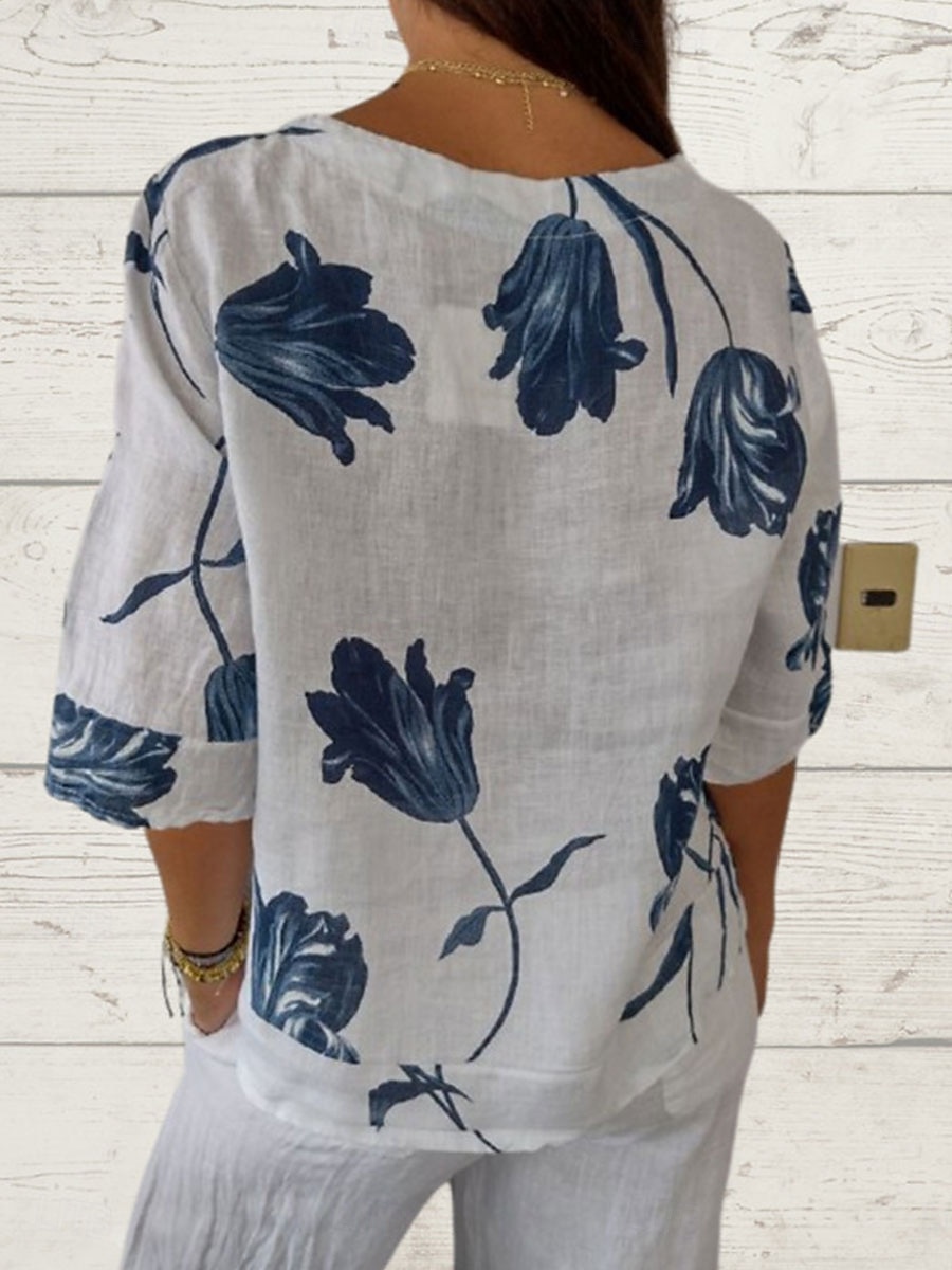 Naisten Paita Puuvillaiset pellavapaidat Painike ylös Pusero Kuvitettu Tyylikäs Päivittäin Retro / vintage 3/4 hiha V kaula-aukko Tavalliset topit Päivittäin Pyhäpäivä Bile Napit Painettu Valkoinen 2025 - $20.99 –P3