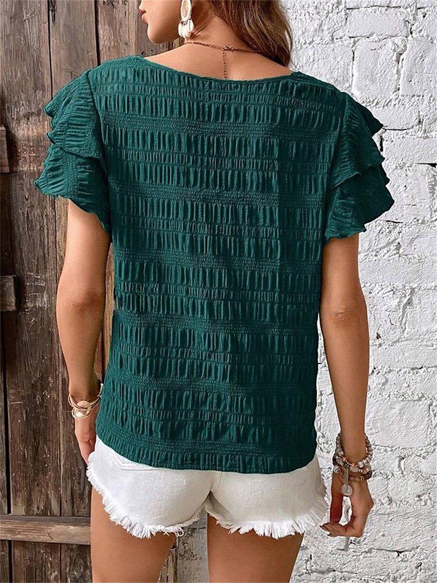 Women's Blouse Solid Color Elegant Daily Stylish Short Sleeve Crew Neck Regular Tops Daily Holiday Going out Ruffle Patchwork Sage Green Red Navy Blue Purple Green Summer Spring 2025 - $22.99 –P20