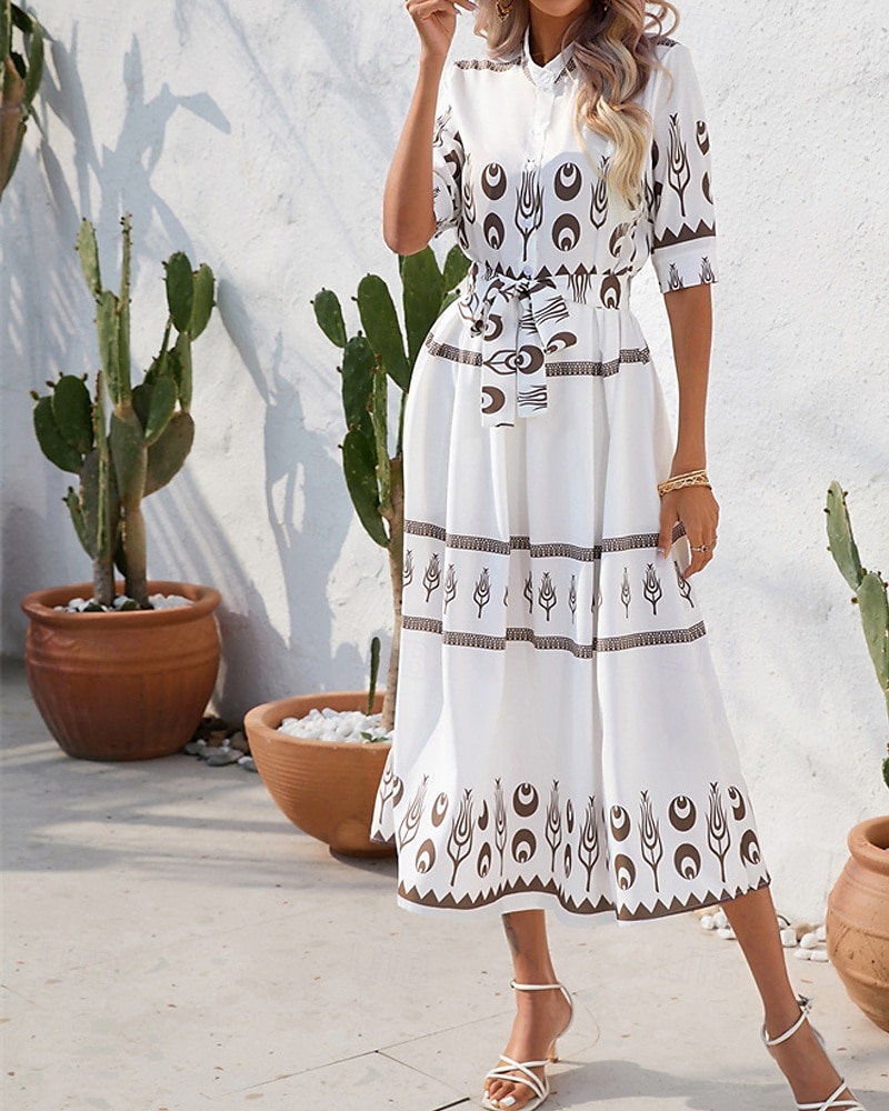 Pentru femei Rochie Lunga Rochie Maxi Rochie casual Rochie de vară Rochie Boho Modă În aer liber Concediu Dată Fit regulat Vopsire Lungime Manșon 3/4 Guler Cămașă Negru Alb Trifoi Vară Primăvară 2025 - $26.99 –P5
