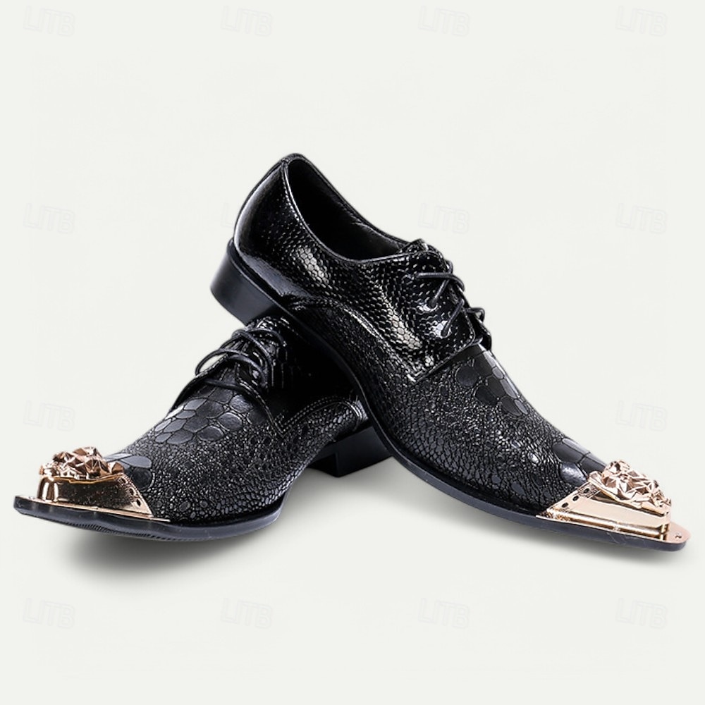 Ανδρικά μαύρα δερμάτινα παπούτσια υψηλής ποιότητας με μοτίβο φιδιού και χρυσή μύτη σε ροζ χρυσό μοτίβο λιονταριού – κομψά επίσημα παπούτσια για ειδικές περιστάσεις 2026 - $129.99 –P3