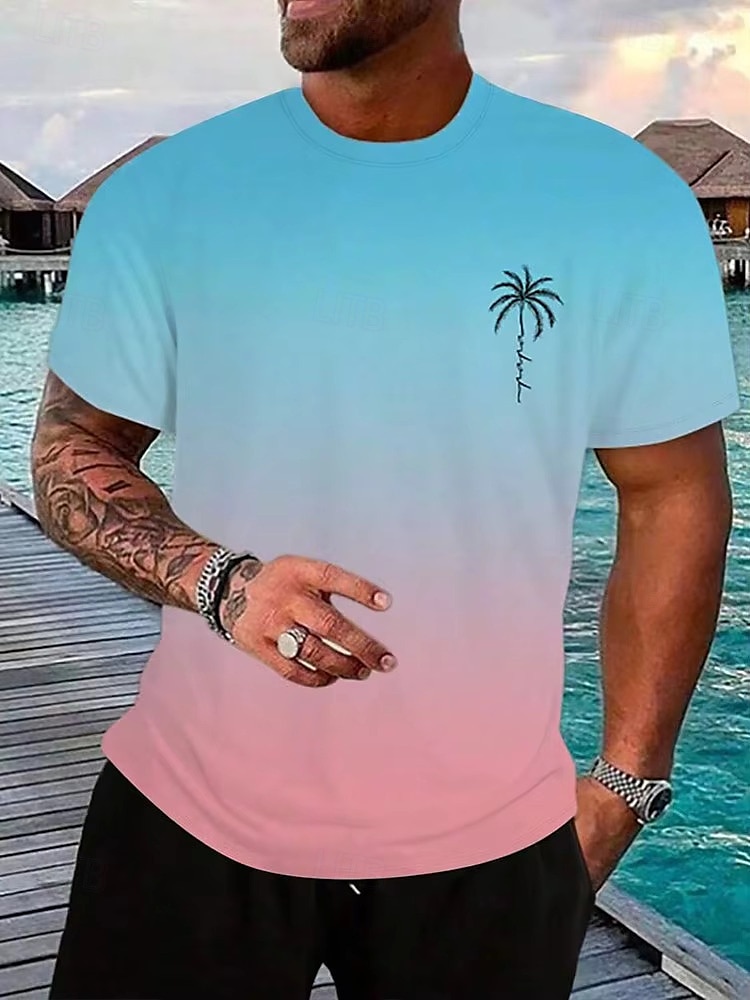 Herren T-Shirt Kurzarmshirt Kurzarm Rundhalsausschnitt Frühling & Herbst Kokospalme Buchstabendruck Mode Designer Ombre-Design Urlaub Straße Ausgehen Dunkellila Rosa und Grün Rosa Azul Top T-Shirt 2025 - $13.49 –P1