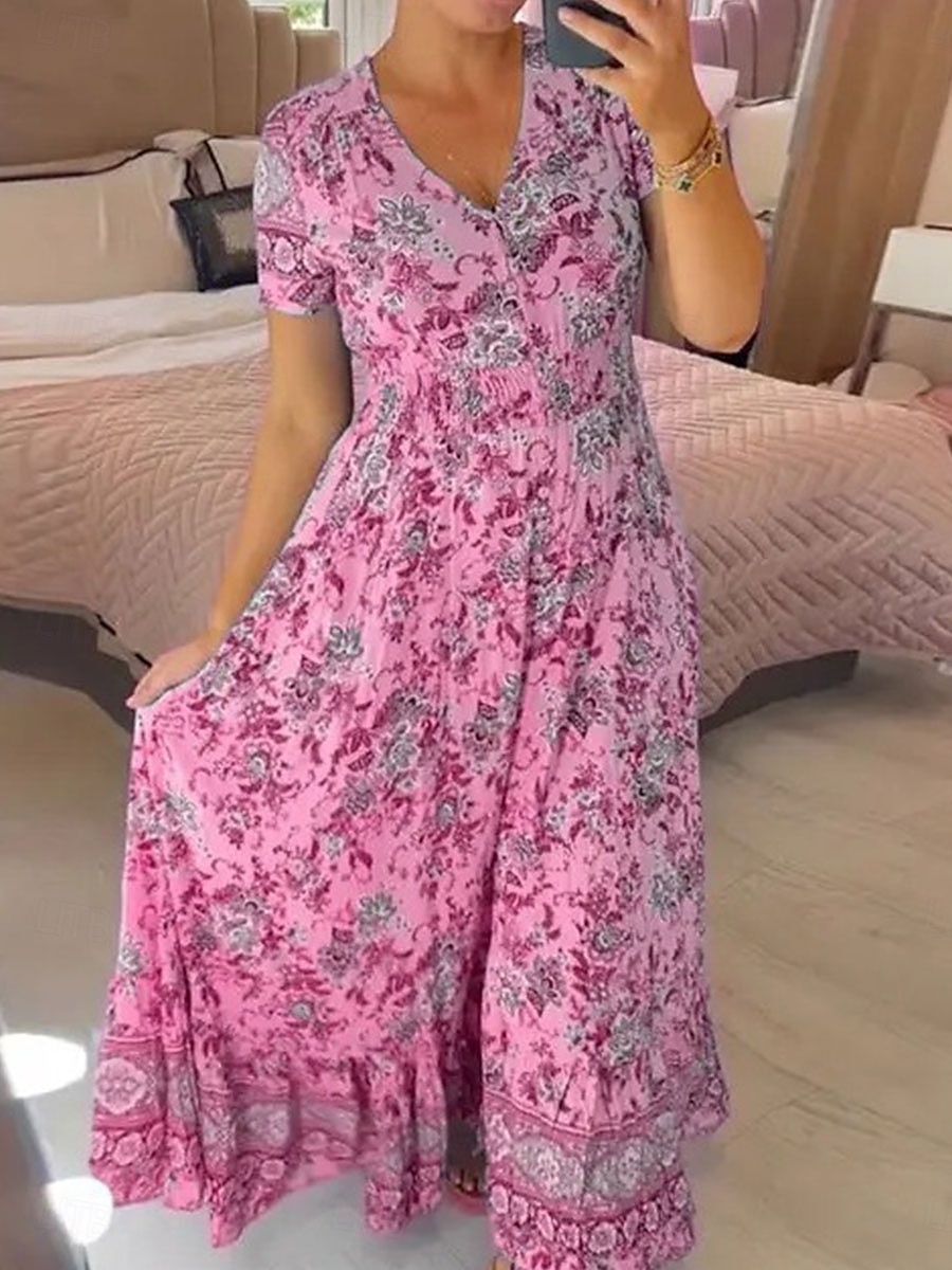 Női Maxiruha hétköznapi ruha Boho ruha Elegáns Stílusos Alkalmi Vakáció Hétköznapi Napi Normál Virágos Rövid ujjú V-alakú Arcpír rózsaszín Sötétkék Bíbor Világoskék Nyár Tavasz 2025 - $29.99 –P5