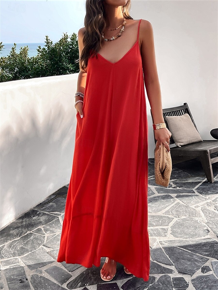 Damen Maxi Kleid Strandkleid Slip Kleid Urlaub Strandurlaub Unifarben Lässig Täglich Lockere Passform Grafik Ärmellos Träger Schwarz Rot Himmelblau Grün Sommer 2025 - $41.99 –P2