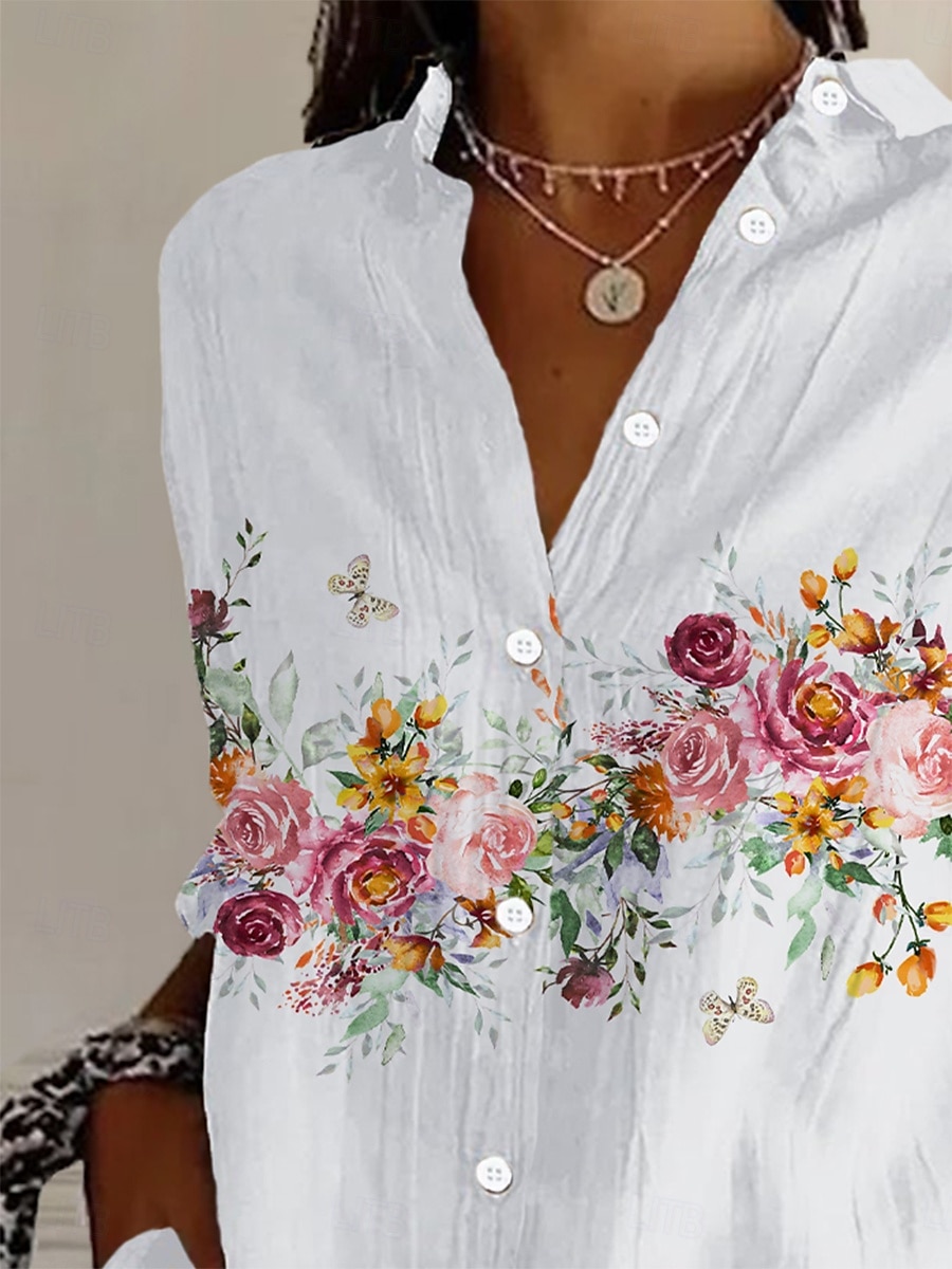 Damenhemd Langarm Button-Down-Bluse Florales Grafik Alltag Stylisch Retro Vintage 3/4-Ärmel Hemdkragen Reguliäre Tops Tagesurlaub Ausgehen Knöpfe Weiß Sommer Frühling 2025 - $32.99 –P2
