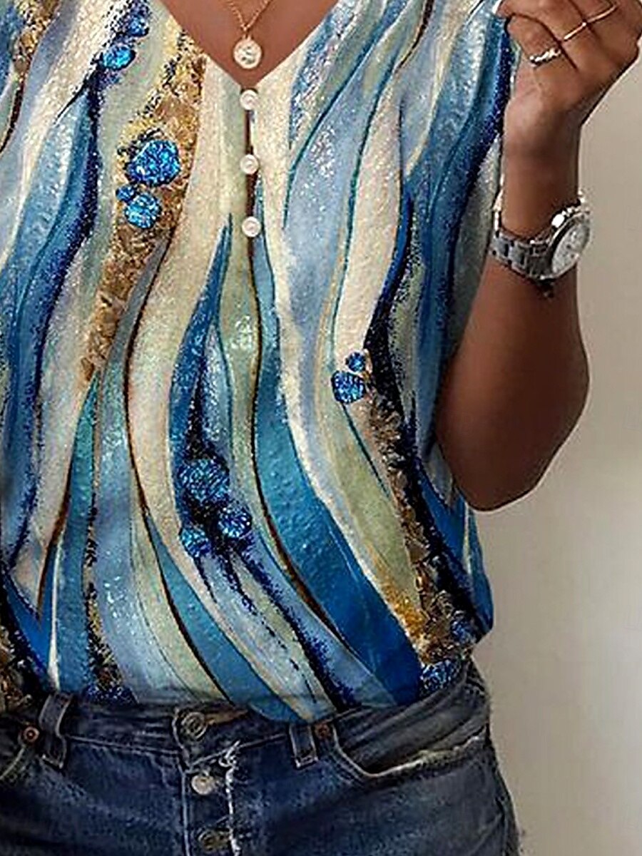 Kvinne Bluse Ombre Grafisk Stripete Casual Kort Erm V Utringet Regular Tops Daglig Knappe Print Blå Sommer 2025 - $27.99 –P3
