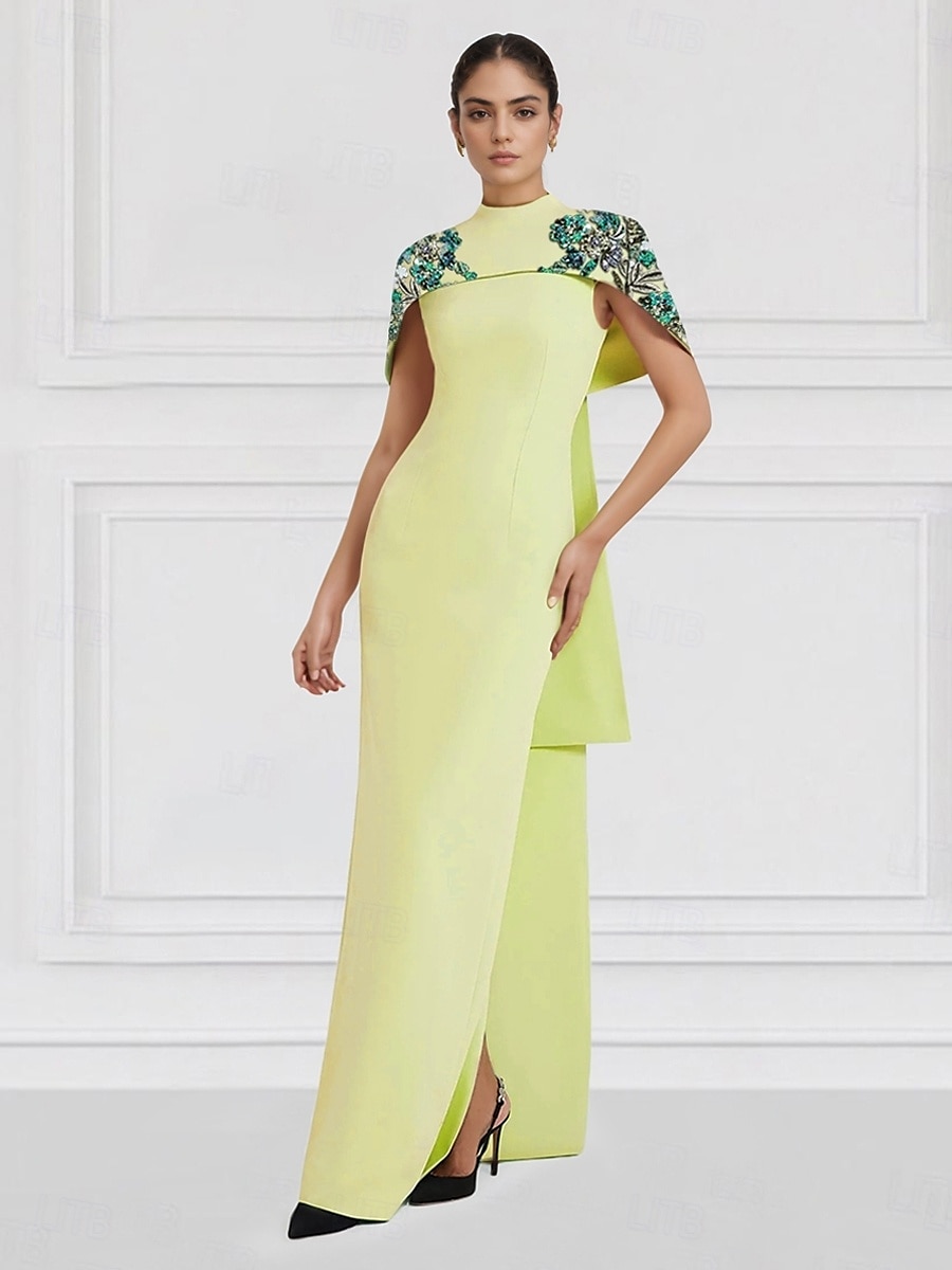 Robe de soirée colonne brodée verte rouge jaune robe élégante formelle invité de mariage longueur sol sans manches col rond capes crêpe extensible avec paillettes 2025 de 2025 ? $177.99 –P3