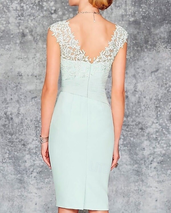 Deux Pièces Fourreau / Colonne Robe de Mère de Mariée  robe demoiselle d honneur Eglise Elégant Col V Mi-long Mousseline de soie Manches 3/4 avec Broderie 2025 de 2025 ? $156.99 –P4