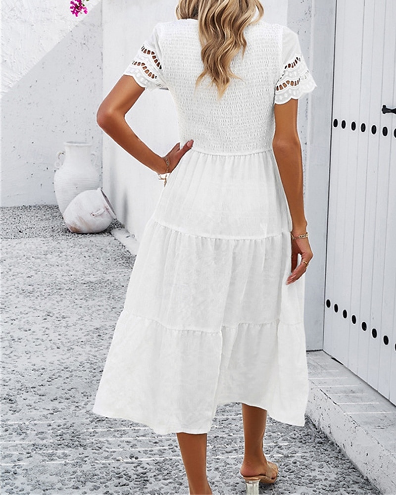 Pentru femei Rochii Midi Rochie albă Rochie de dantela Rochie casual Rochie de vară Modă În aer liber Concediu Dată Fit regulat Simplu Manșon scurt Stil Nautic Negru Alb Trifoi Vară Primăvară 2025 - $31.99 –P4