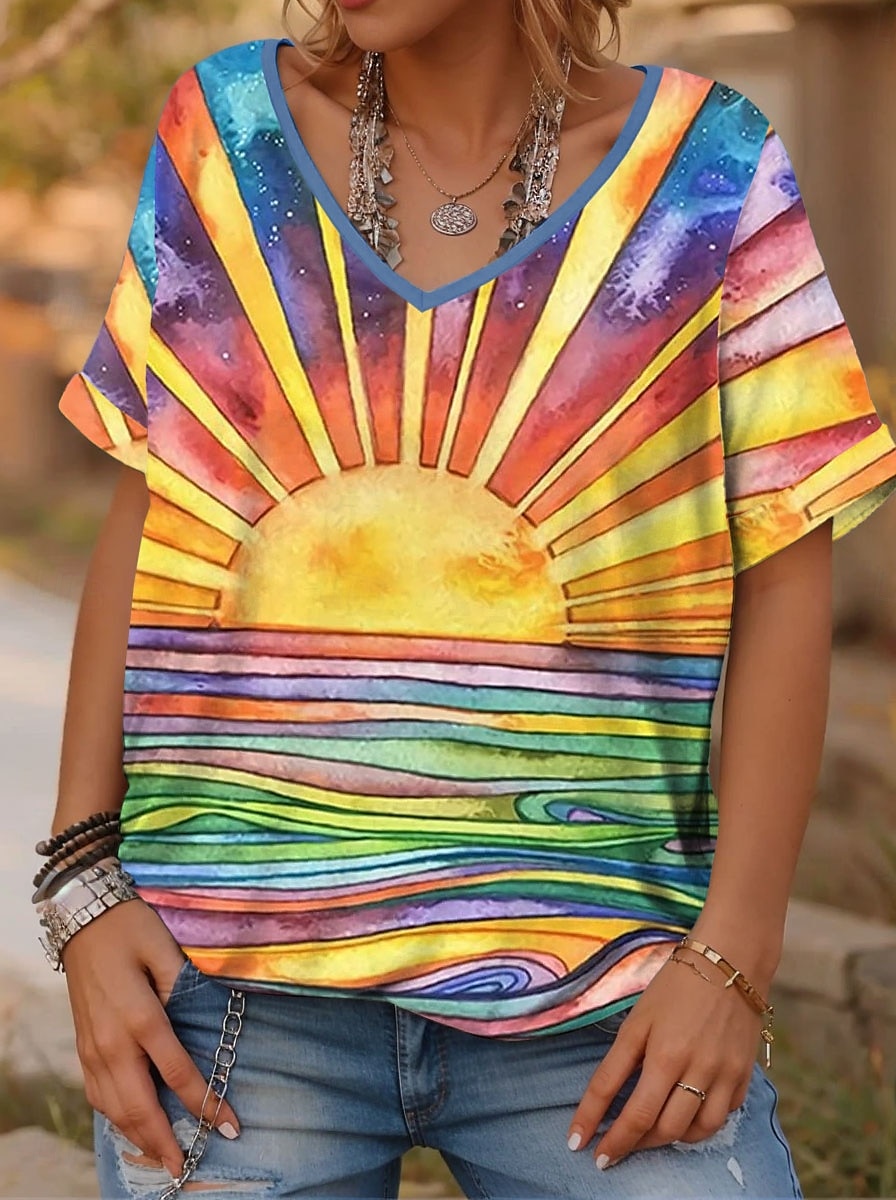 Femme T shirt A Ombre Décontractées Manche Courte Col V Hauts réguliers du quotidien Imprimer Jaune Eté de 2025 ? $19.99 –P1