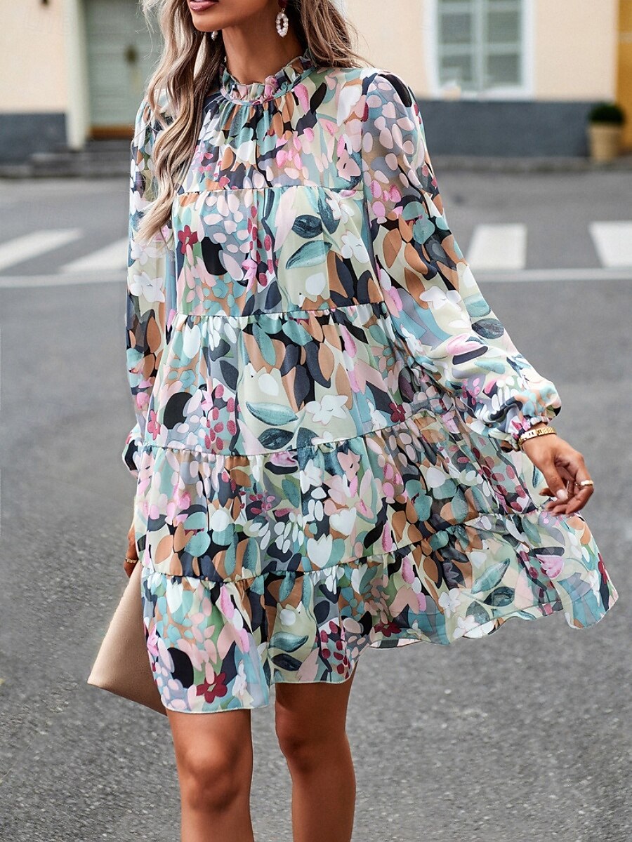 Women's Mini Dress Casual Dress A Line Dress Stylish Casual Vacation Daily Regular Fit Floral Long Sleeve Stand Collar Green Apricot Summer 2025 - $42.99 –P6