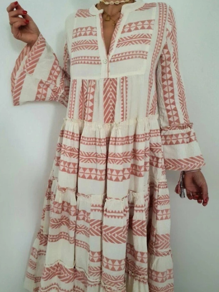 Women's Maxi Dress T Shirt Dress Tee Dress Sundress Ruffle Dress Fit And Flare Dress Vacation Vacation Daily Regular Fit Graphic Long Sleeve V Neck Red Gray Summer 2025 - $24.99 –P1
