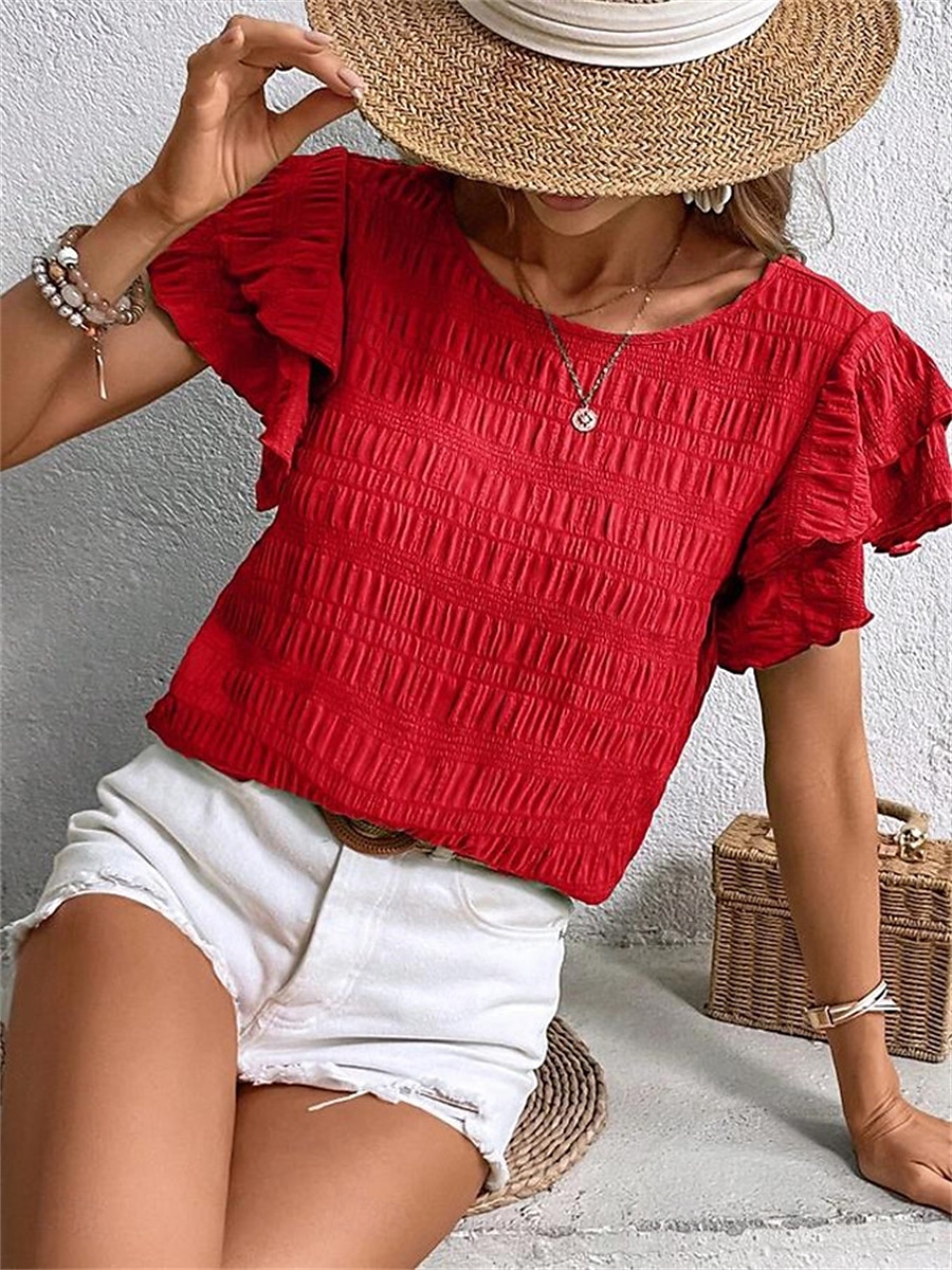 Women's Blouse Solid Color Elegant Daily Stylish Short Sleeve Crew Neck Regular Tops Daily Holiday Going out Ruffle Patchwork Sage Green Red Navy Blue Purple Green Summer Spring 2025 - $22.99 –P9