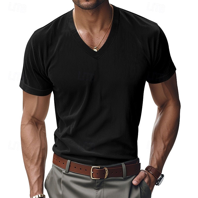 Men's Corduroy Shirt Short Sleeve Shirt Tee Top Short Sleeve V Neck Spring & Summer Summer Solid Color Pit Strip Sports Daily V Neck Warm Casual Outdoor Navy Blue Top Tee for Men 2026 - $25.99 –P10