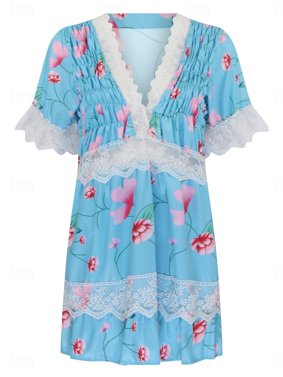 Damskie Sukienka mini Sukienka gorsetowa Sukienka A line Sukienka z falbanami Sukienka z bufiastymi rękawami Urlop Elegancki Codzienny Urlop Codzienny Regularny Kwiaty Krótki rękaw W serek Biały 2025 - $31.99 –P10