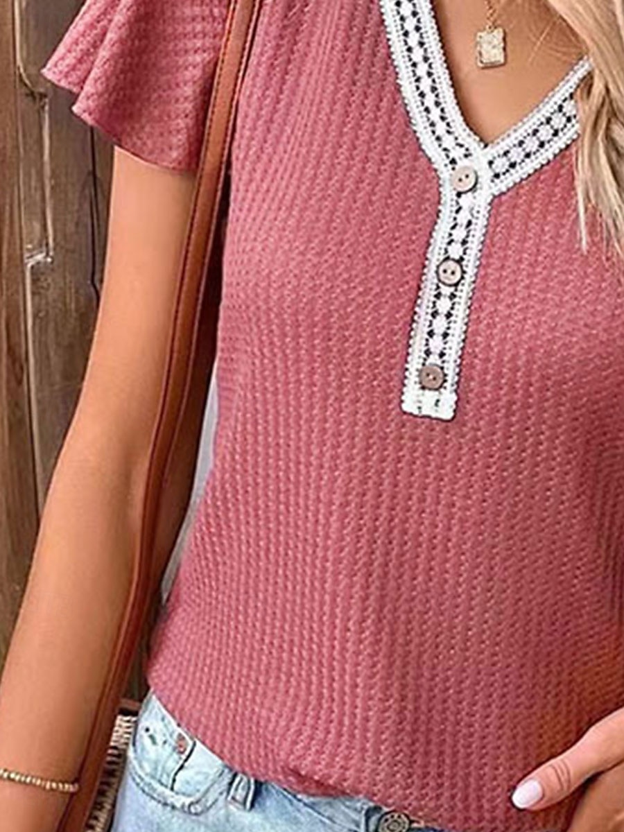 Femme T shirt Plein Mode Moderne Décontractées Manche Courte Col V Hauts réguliers du quotidien Fin de semaine Patchwork Noir Blanche Rose Claire Eté Printemps de 2025 ? $23.99 –P3