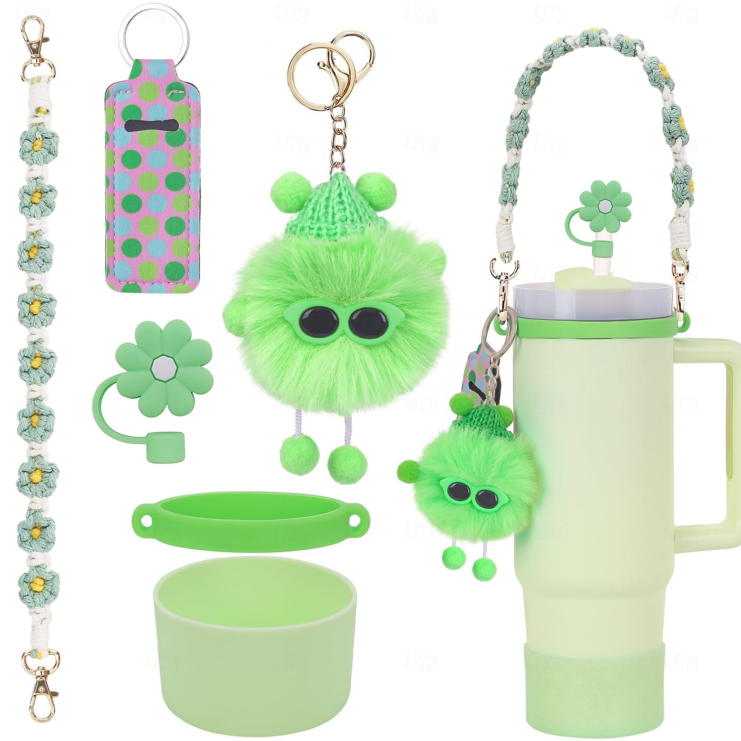 Stanley-Becher, handgewebter Griff, Blumen-Strohhut, Lippenstift-Set, Coal Ball Pixie Glitter-Silikonbecher-Set 2025 - $20.99 –P6
