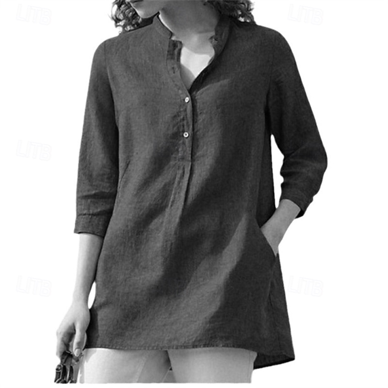 Per donna Camicia Camicia di lino Camicie di cotone e lino Semplice Quotidiano Elegante Essenziale Manica 3/4 Colletto a Camicia Top Regolari Lavoro Quotidiano Ferie Bottoni Nero Bianco Blu Primavera del 2025 a $24.99 –P3